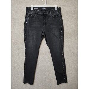 NYDJ Marilyn Straight Jeans Women 16 Black Studded Distressed Lift Tuck Slimming